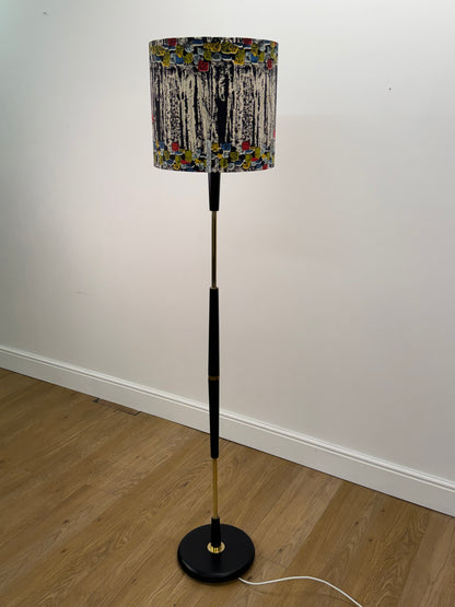 1950s black standard lamp with vintage fabric shade