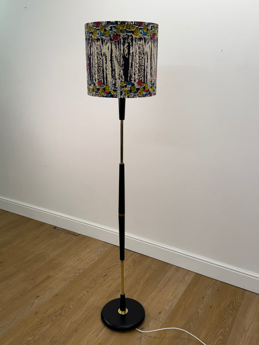 1950s black standard lamp with vintage fabric shade