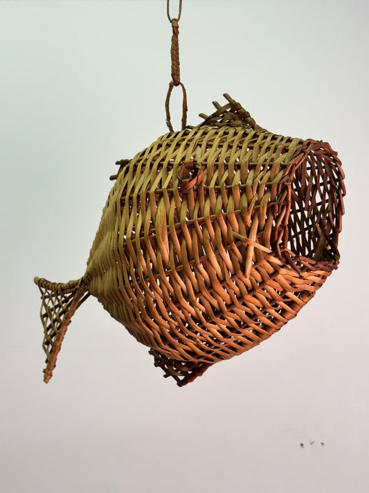 1960s wicker fish hanging basket