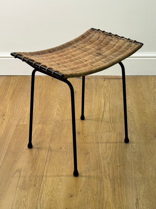 1950s wicker stool on metal legs