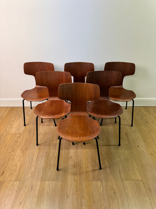 Set of 6 teak hammer chairs by Arne Jacobsen