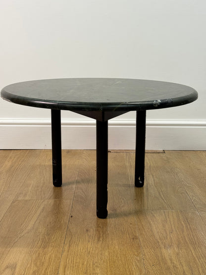 1980s marble top circular occasional table on black steel legs