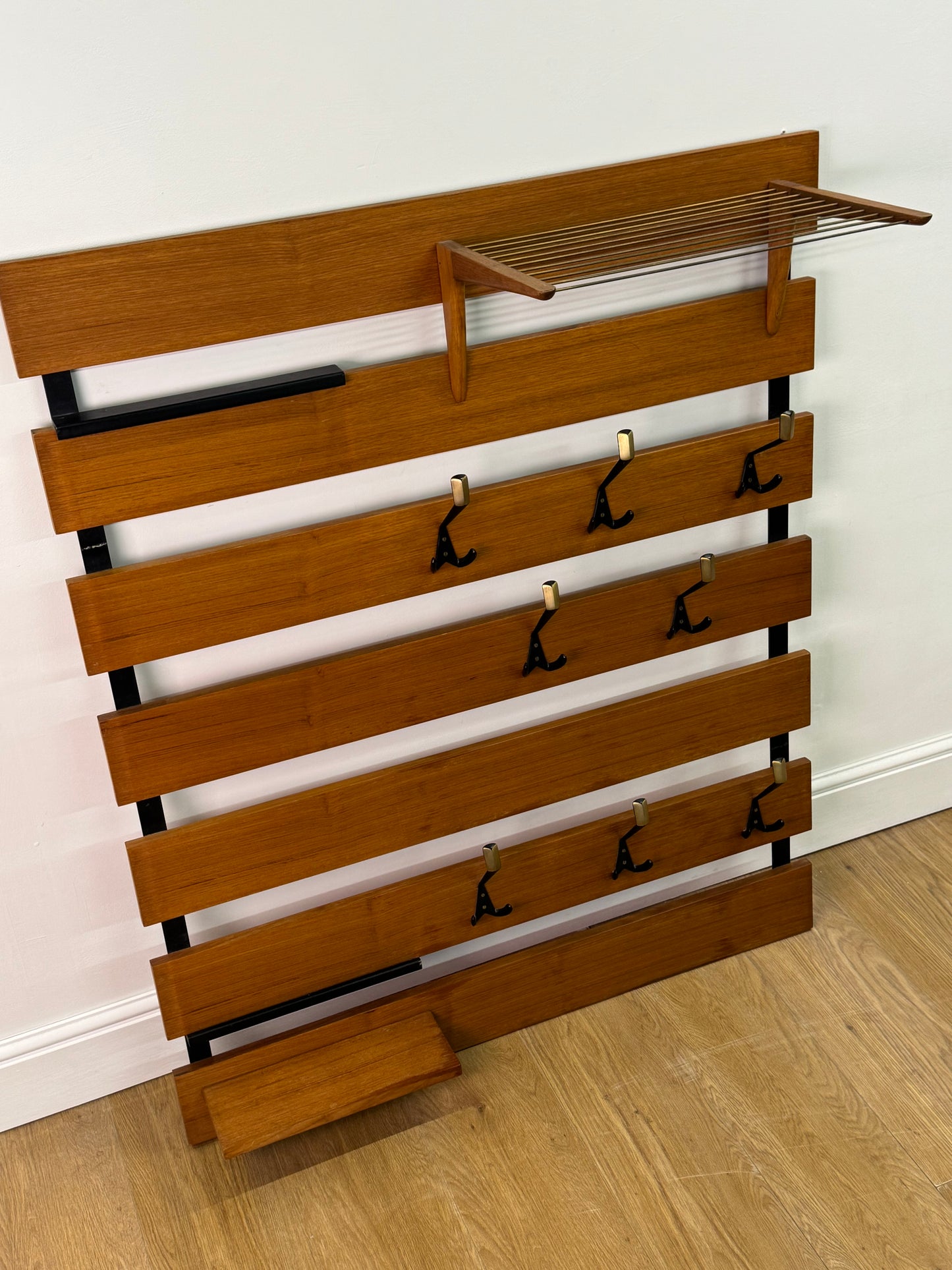1960s slatted teak wall mounted coat stand