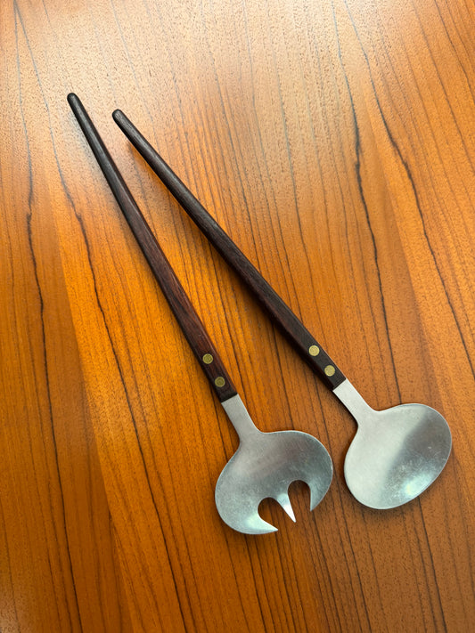 Stainless steel and teak salad servers