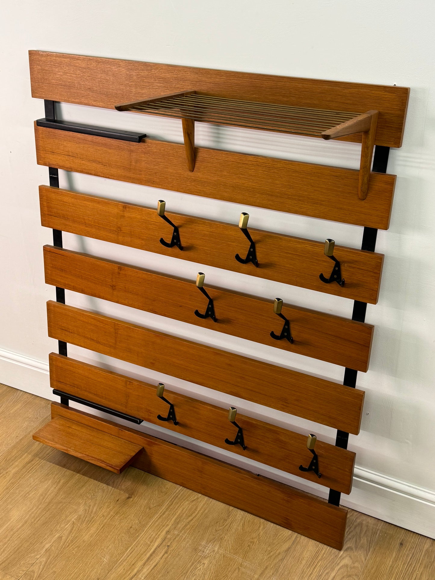 1960s slatted teak wall mounted coat stand