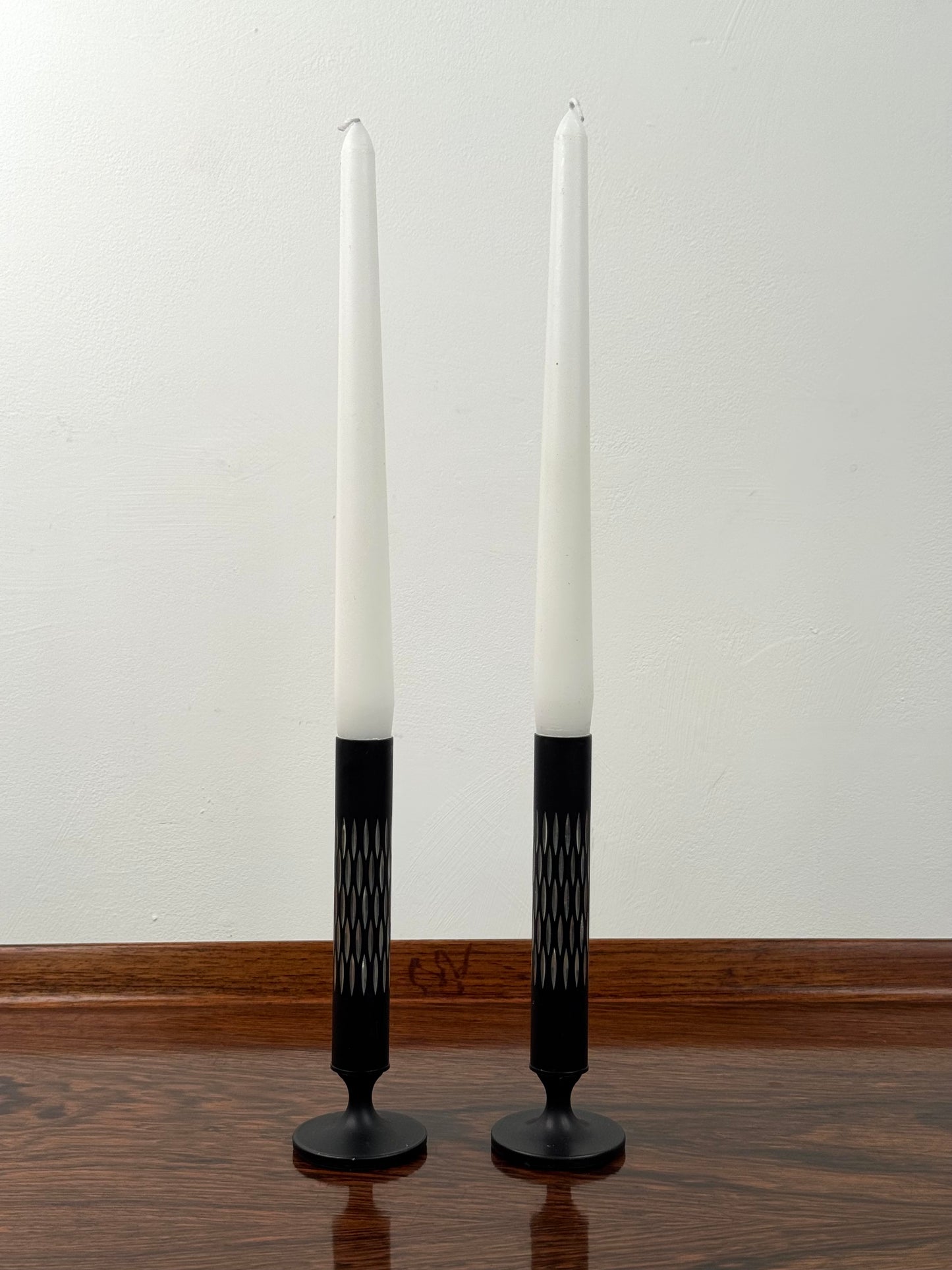 60s black anodised stem vases by Conrah
