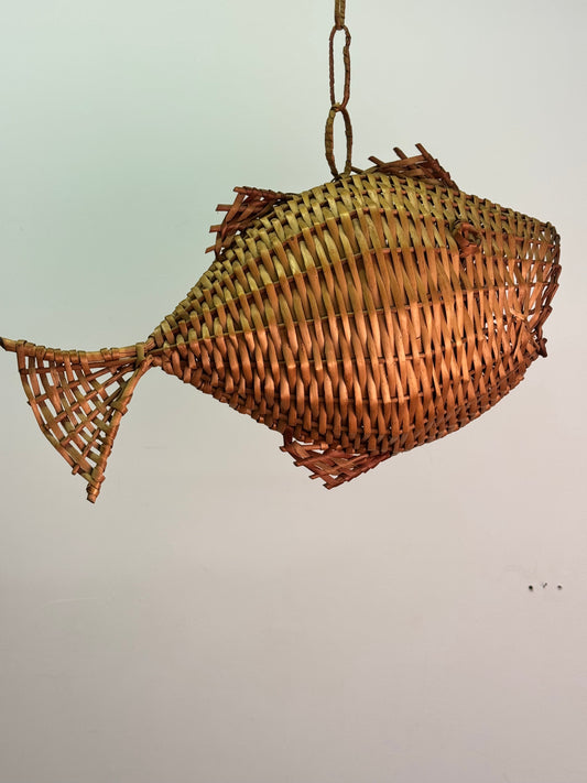 1960s wicker fish hanging basket