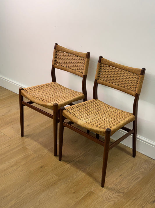 Set of two Danish teak dining chairs with corded seats