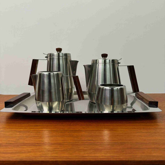 1960s rosewood & stainless steel tea set